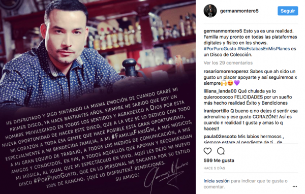 Germán Montero agradece el apoyo por su nuevo disco.