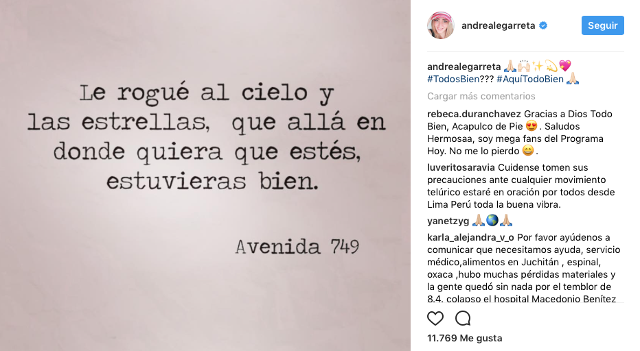 Andrea Legarreta sube una foto a su cuenta de Instagram minutos después del sismo.