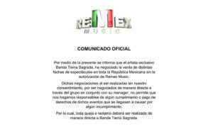 Remex Music, Banda Tierra Sagrada, comunicado