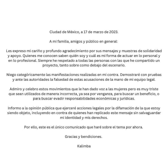 Kalimba, acoso, demandará, difamación