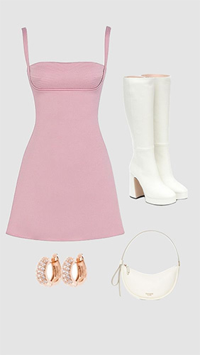 Primero vamos por un estilo clásico, un vestido rosa, botas blancas, aretes y un bolso que tenga un toque de brillo. Foto: Especial
