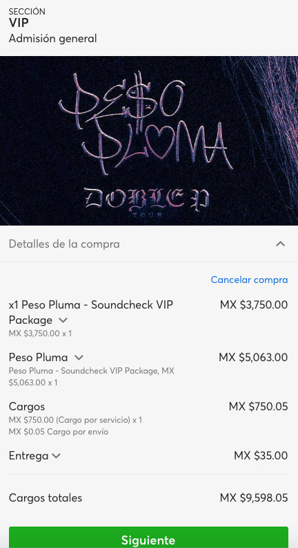 Esto cuesta entrar al sound check de Peso Pluma y un boleto VIP para el concierto. Foto: Captura de pantalla en Ticketmaster