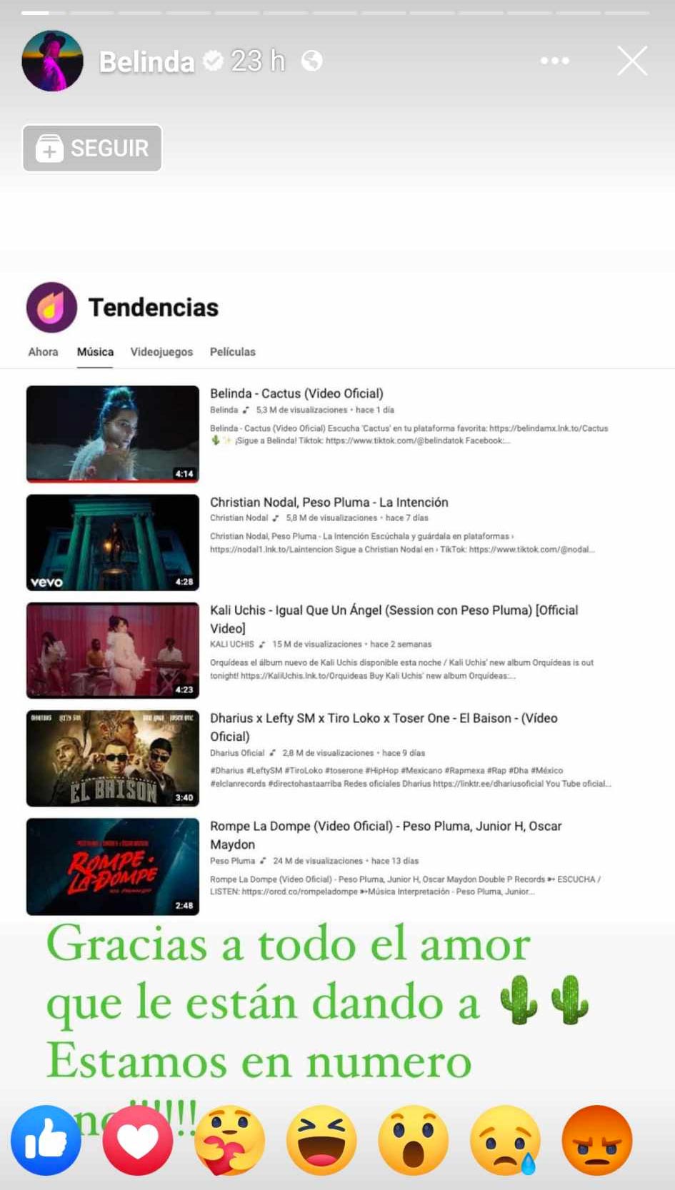 Publicó el video de Christian Nodal que se encuentra en segundo lugar, atrás de ella. Foto: Captura de pantalla de las stories de Belinda