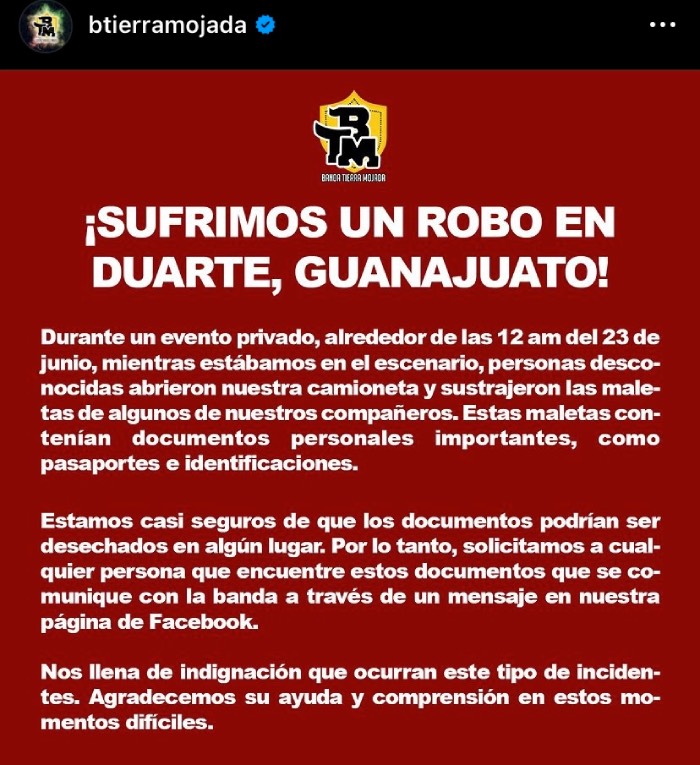 banda tierra mojada sufre saqueo comunicado 