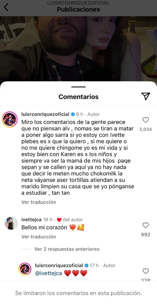 Luis R Conriquez defiende a Ivette Camacho. Foto: IG luisrconriquezoficial 