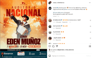 Edén Muñoz abre nueva fecha en el Auditorio Nacional