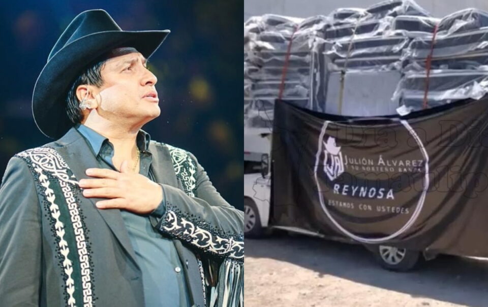 Julión Álvarez muestra su corazonzote y dona colchones y estufas a damnificados en Reynosa