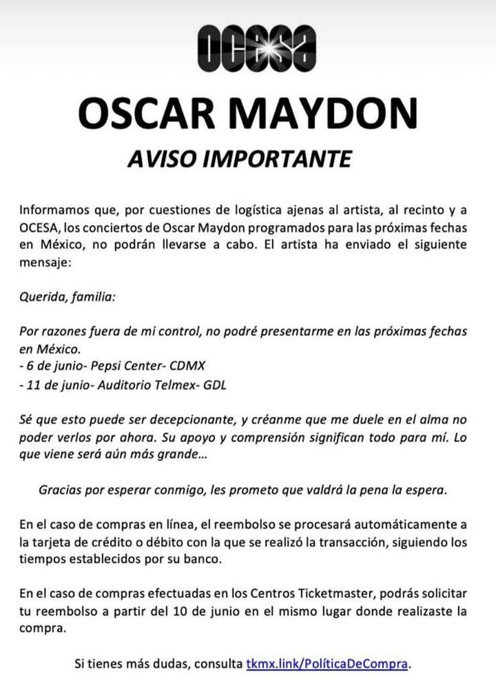 reembolso concierto oscar maydon cdmx guadalajara