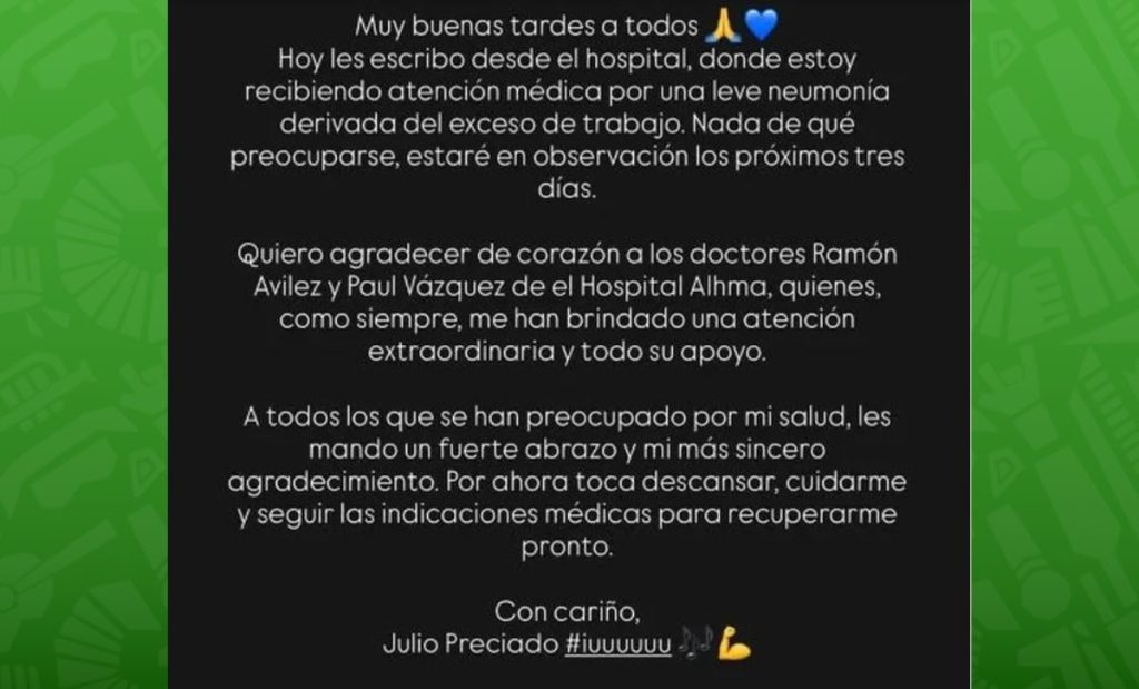 Julio Preciado es hospitalizado por exceso de trabajo, ¿Cuál es su estado de salud? 0