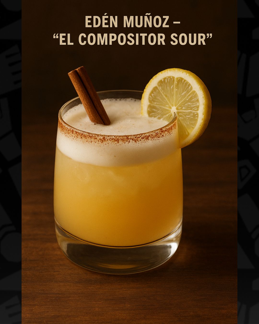 Whiskey sour con un twist de miel y canela. Equilibrado entre lo amargo y lo dulce, como sus letras que van de la fiesta a la reflexión. Ideal para tomar mientras escribes rolas en una servilleta.  | Imagen: Especial