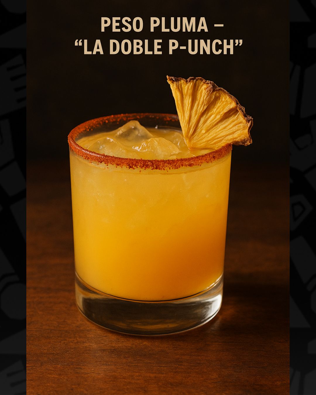 Refrescante, explosivo y con mucho flow. Vodka con jugo de piña, un splash de Red Bull y un toque de chamoy en la orilla del vaso. Va adornado con una pluma de piña deshidratada. Un coctel que, como él, siempre sube al top mundial. | Imagen: Especial